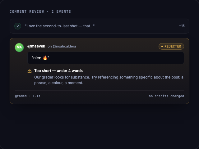 AI grading panel showing a low-effort comment rejected with a plain-language explanation and no credits charged